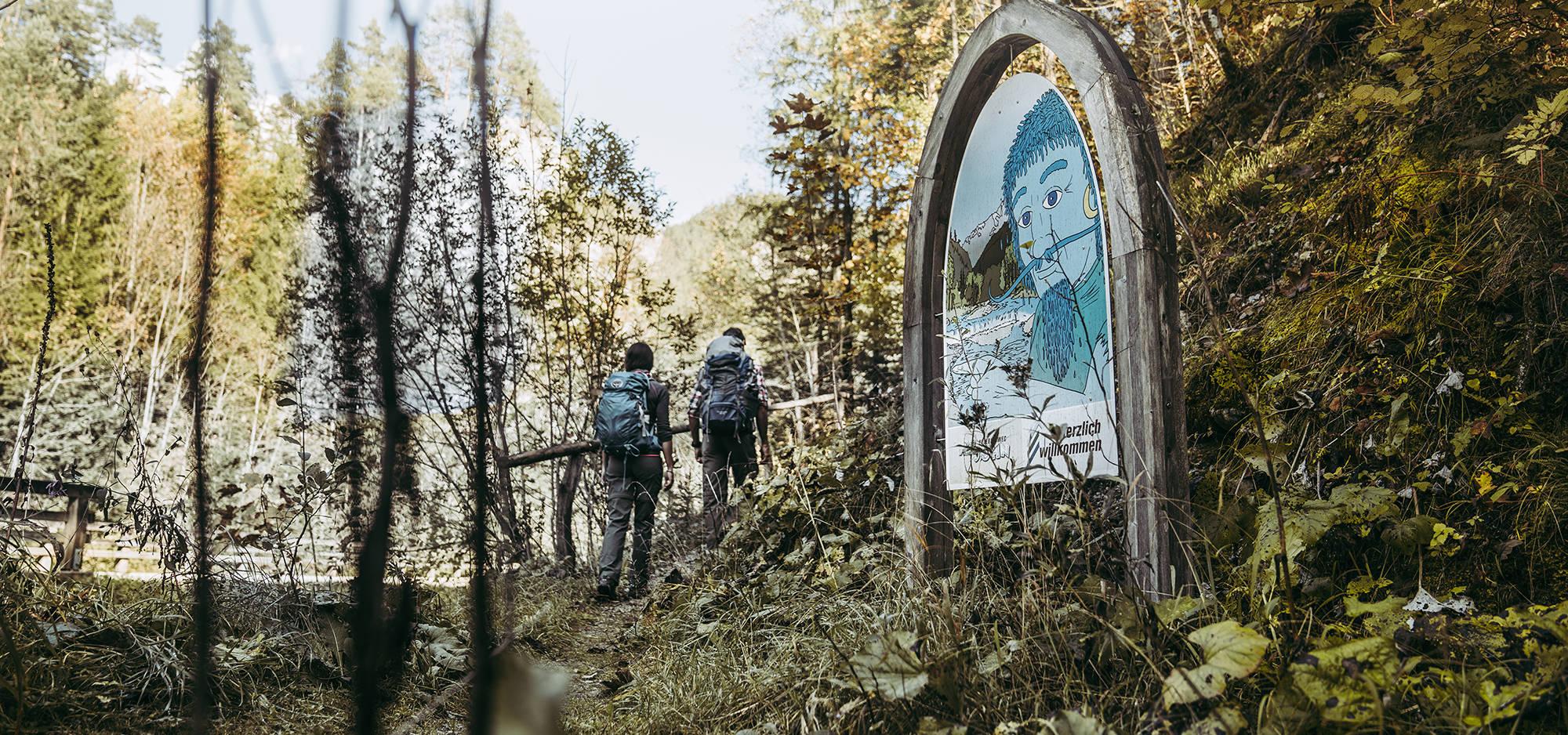 Zwei Personen gehen einen Wanderweg im Wald hinauf